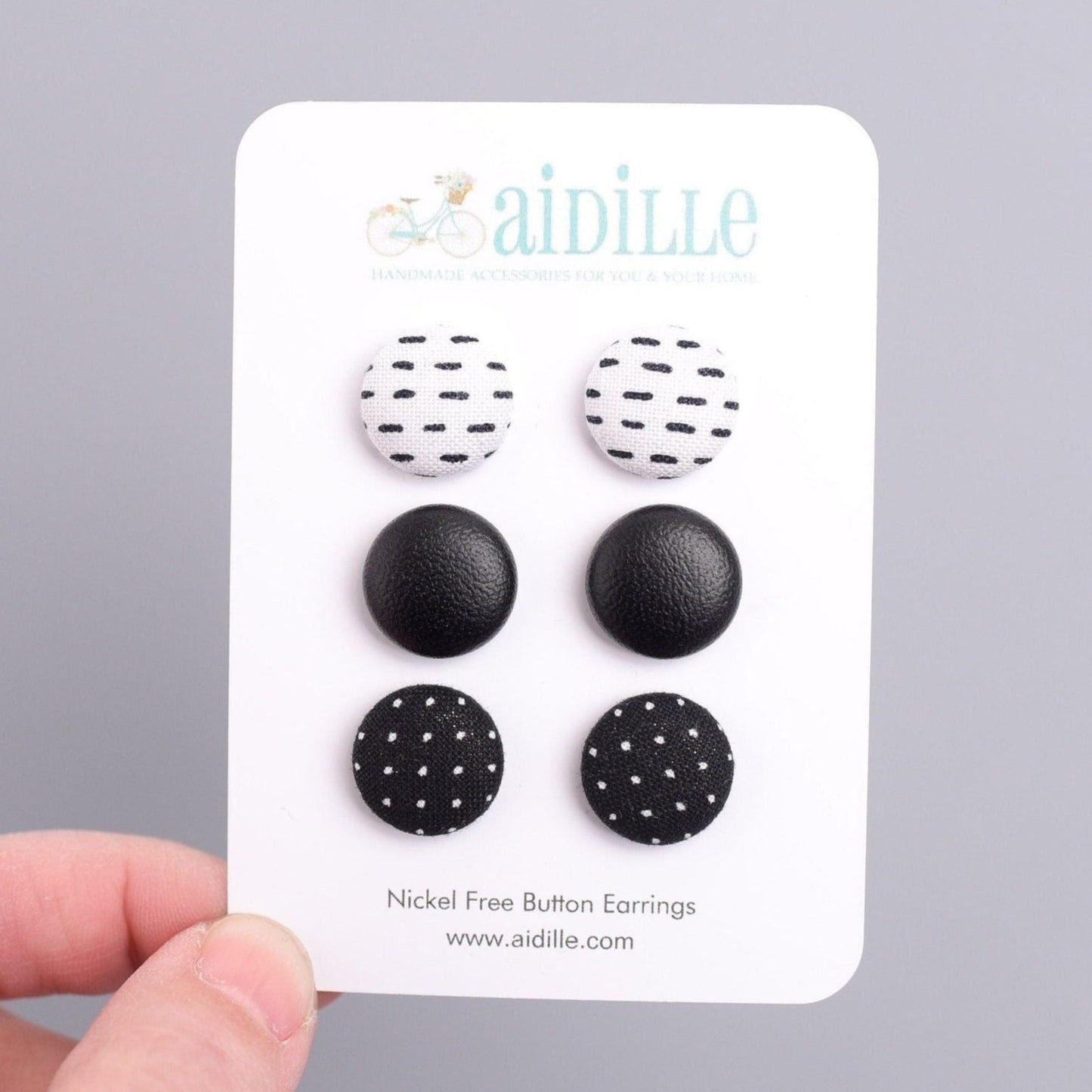 Black and White Fabric Button Earring Trio with Titanium Posts or Clip Ons