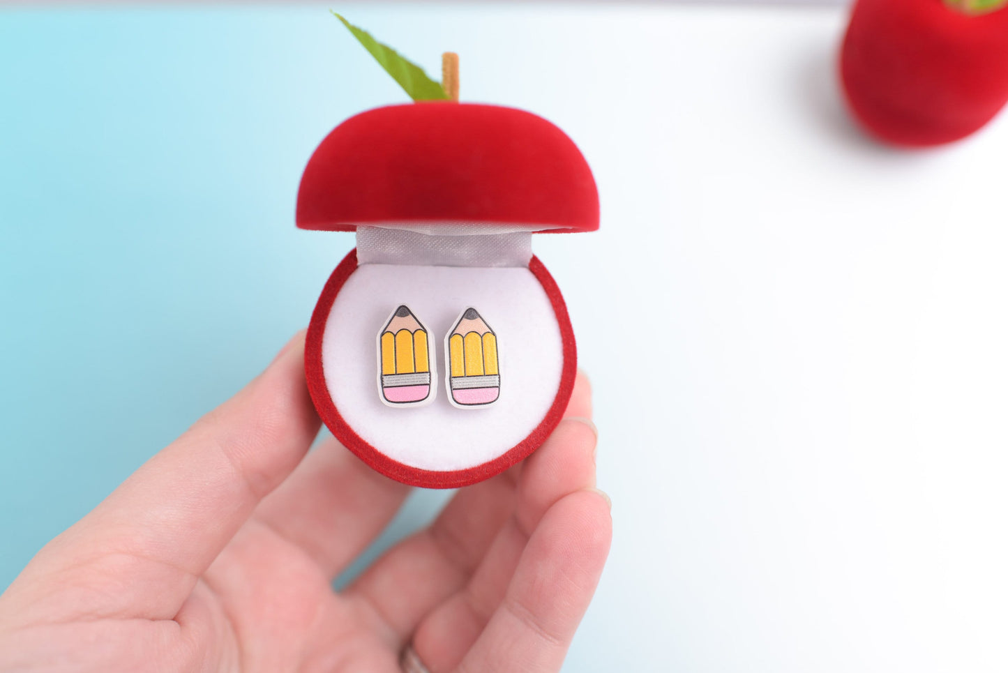 Apple Velvet Mini Box and Pencil Earrings Teacher Gift Set