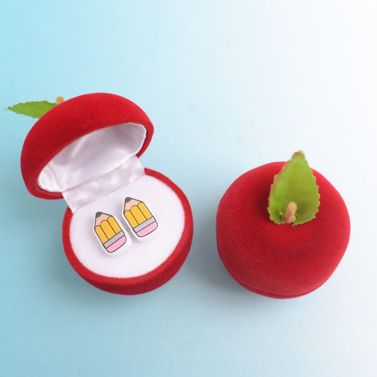 Apple Velvet Mini Box and Pencil Earrings Teacher Gift Set