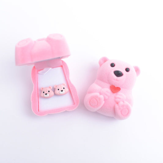 Pink Teddy Bear Earrings with Pink Velvet Bear Gift Box