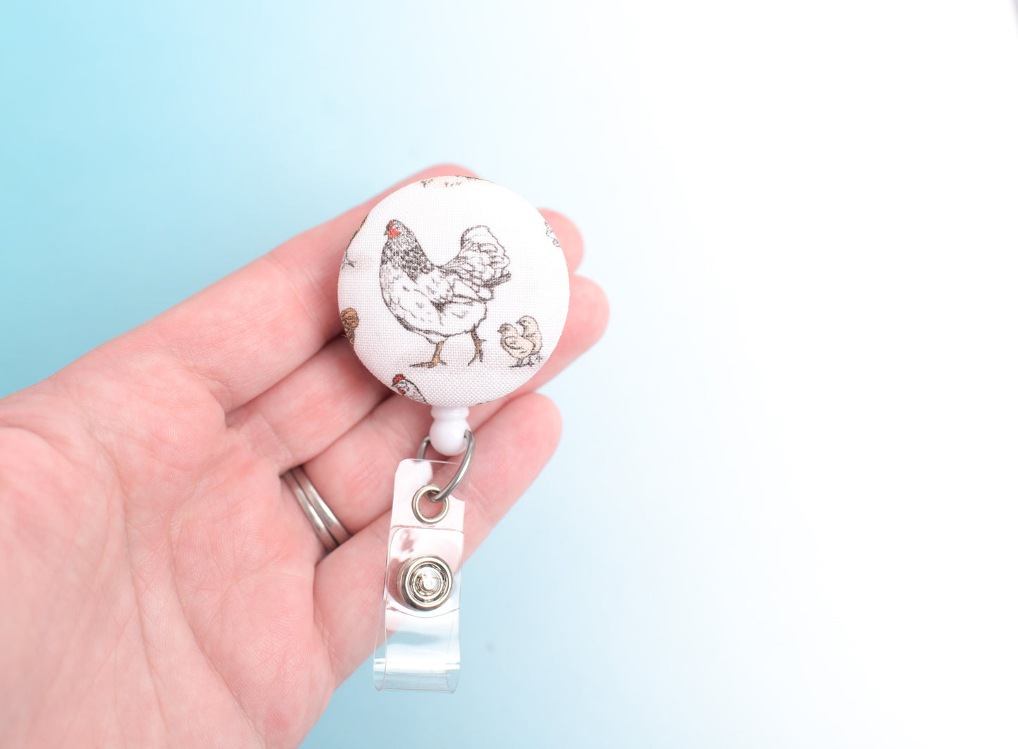 Chicken Fabric Button Badge Reel, Retractable Badge ID Holder, Choose Farm Scene Chicken Coop Rooster Office Swag, Swivel Alligator Clip,