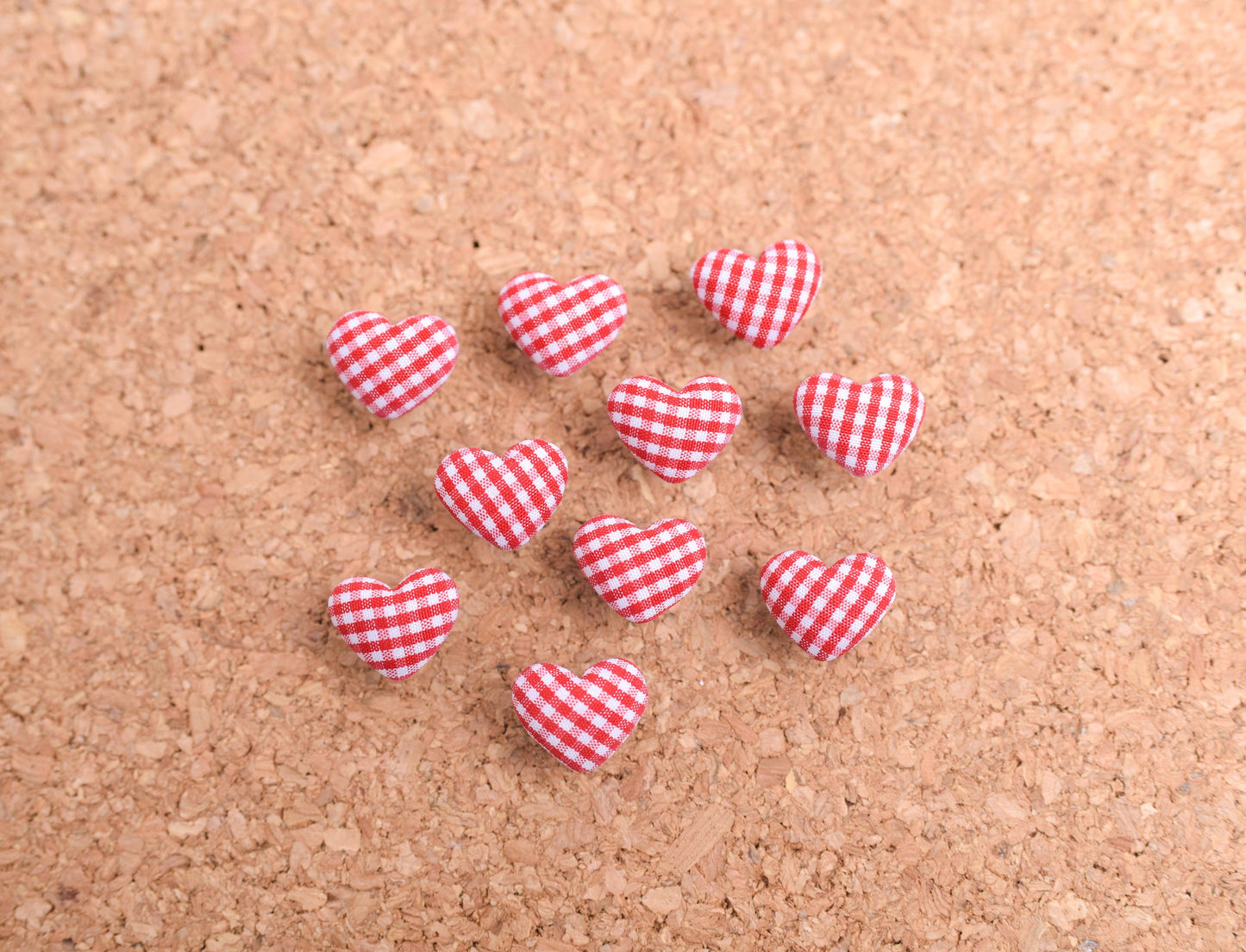 Red and White Farmhouse Heart Fabric Button Push Pins- Set of 10
