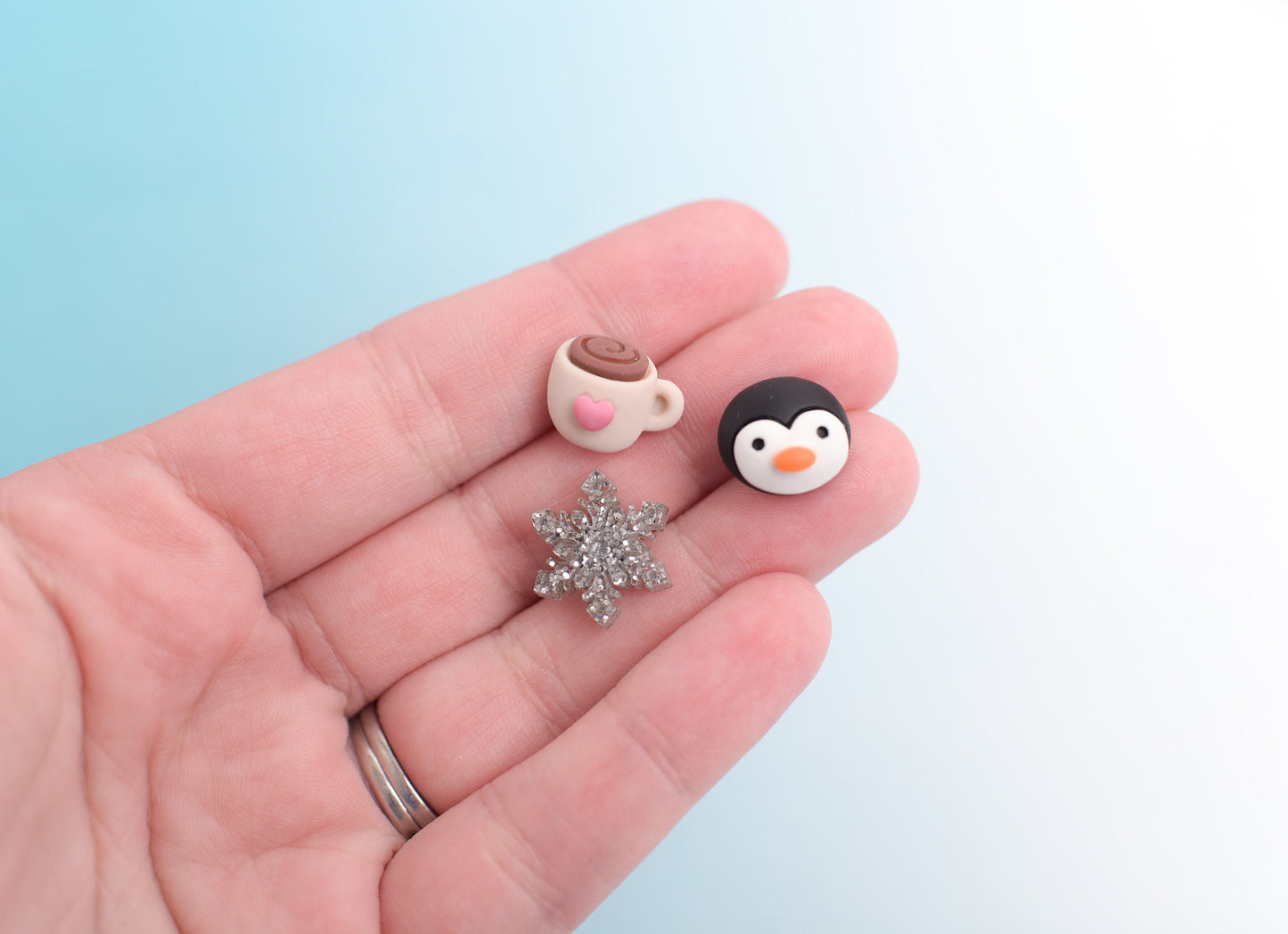 Penguin, Hot Cocoa, and Snowflake Earring Trio with Titanium Posts