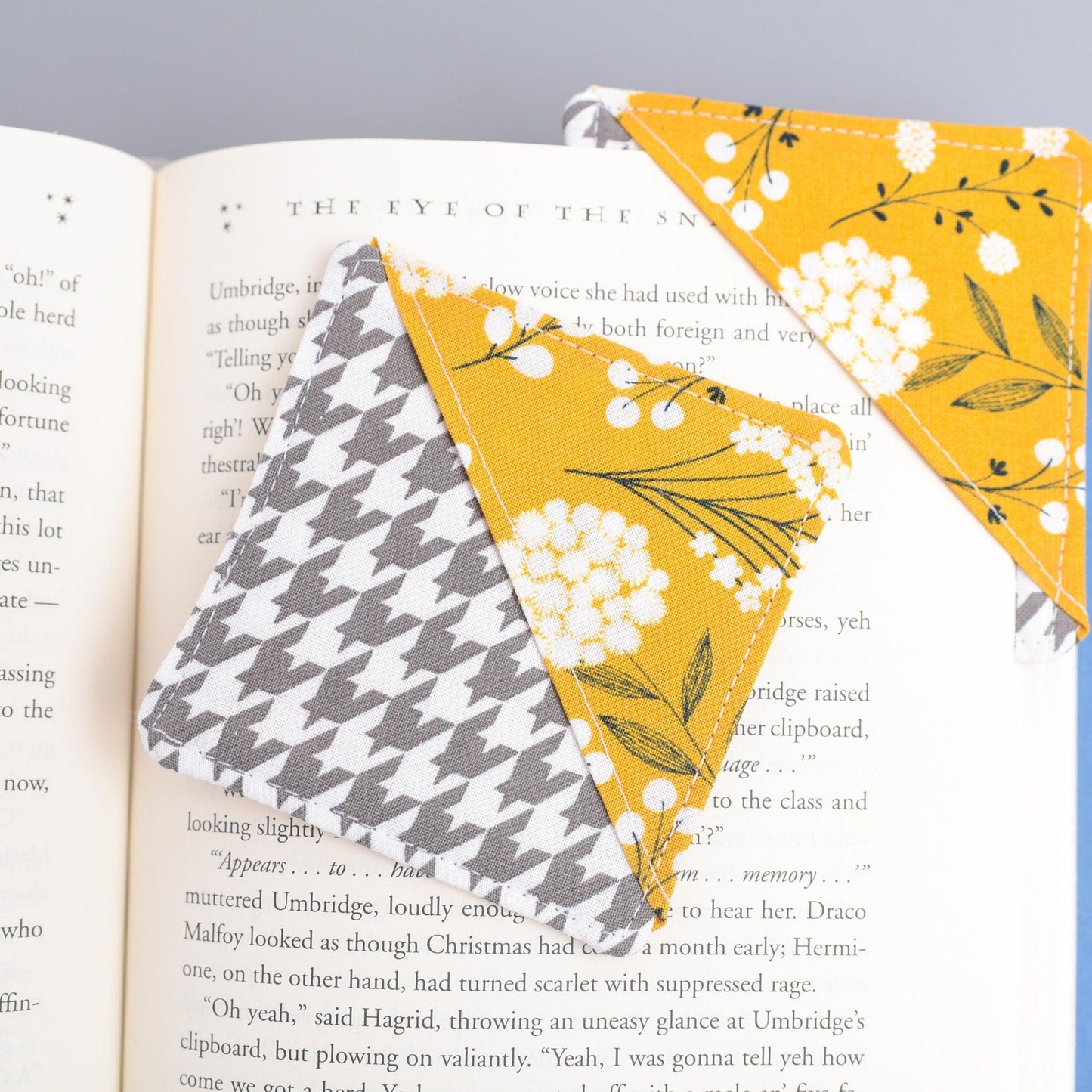 Mustard and Gray Floral & Houndstooth Handmade Fabric Corner Bookmark