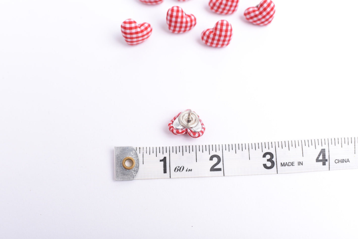 Red and White Farmhouse Heart Fabric Button Push Pins- Set of 10