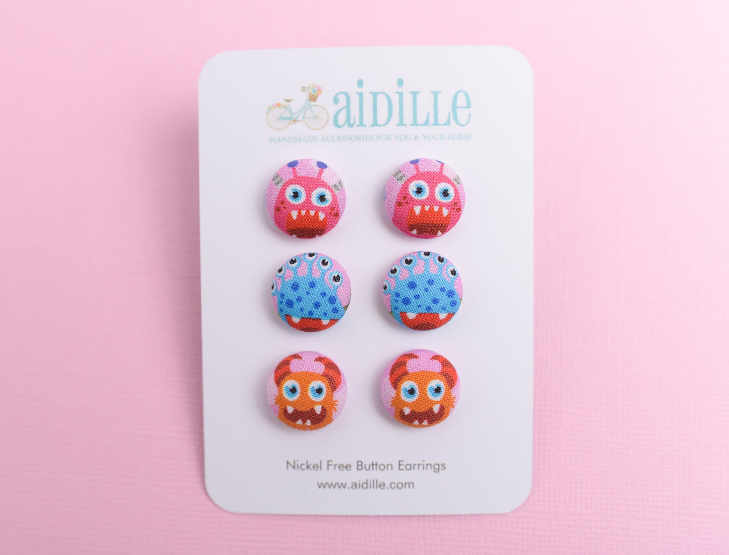 Fabric Button Monster Earrings with Titanium Posts or Clip Ons