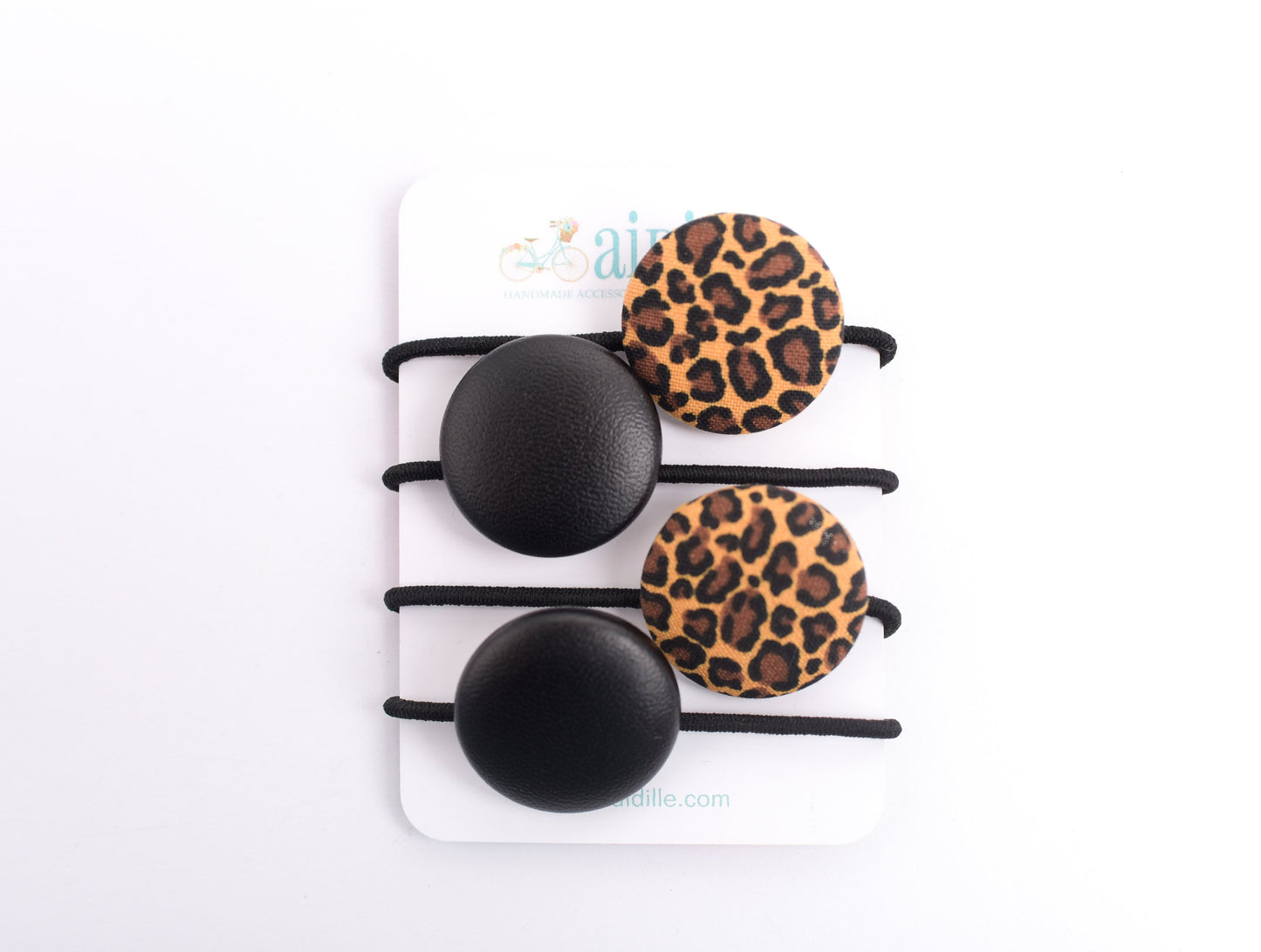Cheetah and Leather Fabric Button Hair Ties- Set of 4
