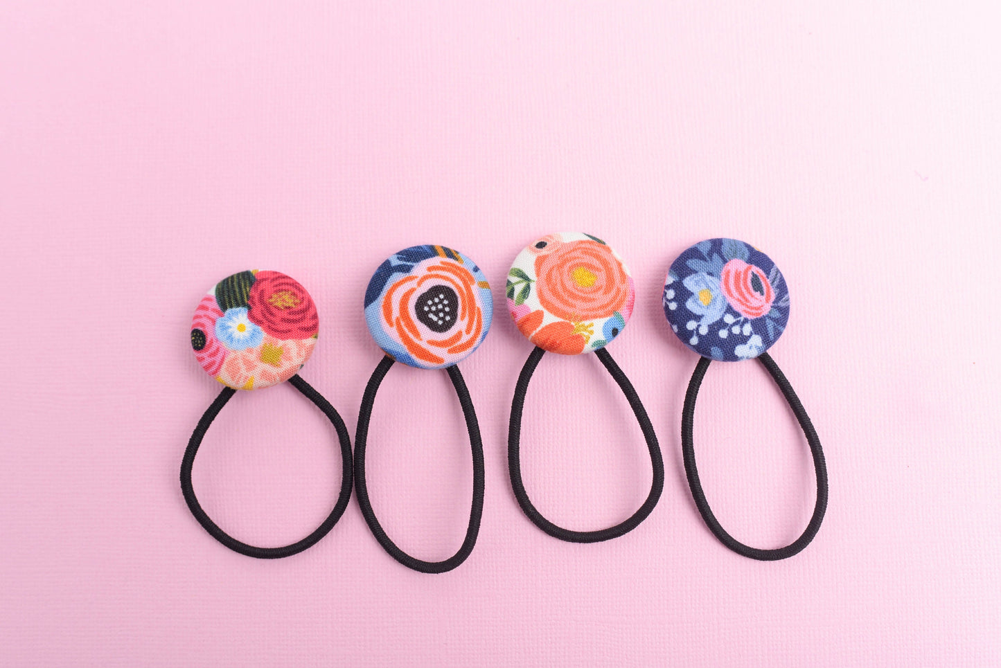 Floral Fabric Button Hair Elastics- Set of 4