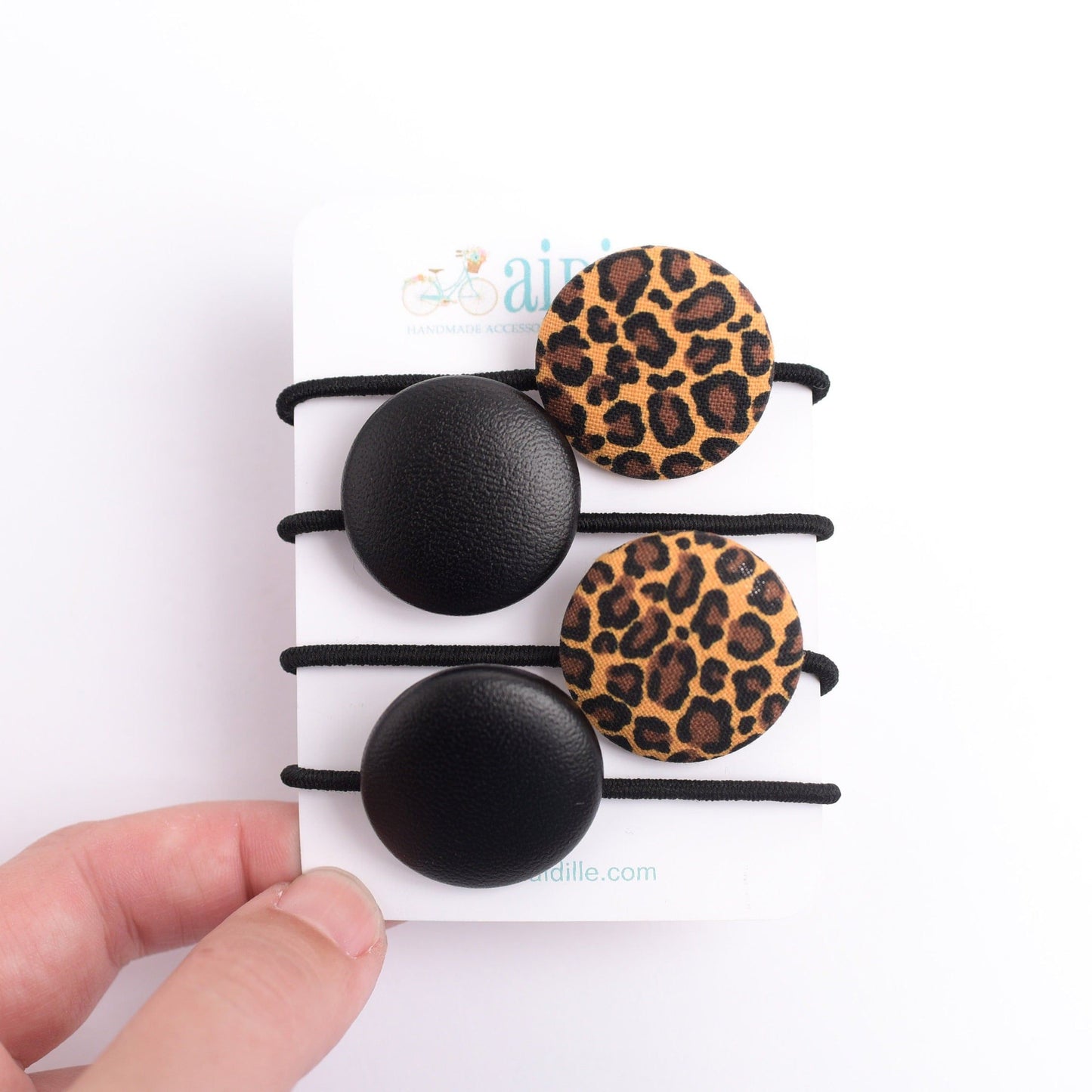 Cheetah and Leather Fabric Button Hair Ties- Set of 4