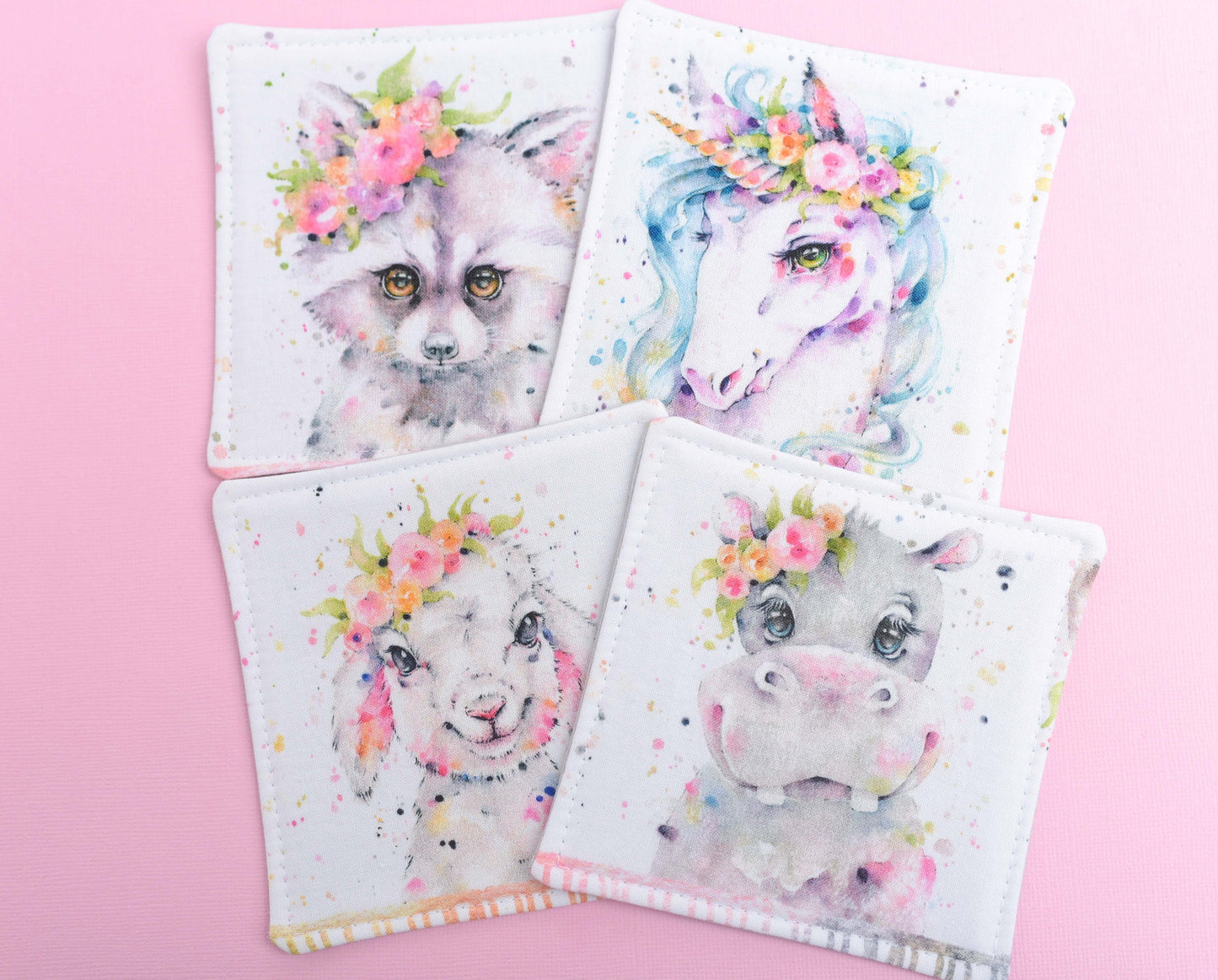 Handmade Boho Watercolor Animal Fabric Coasters- Set of 4
