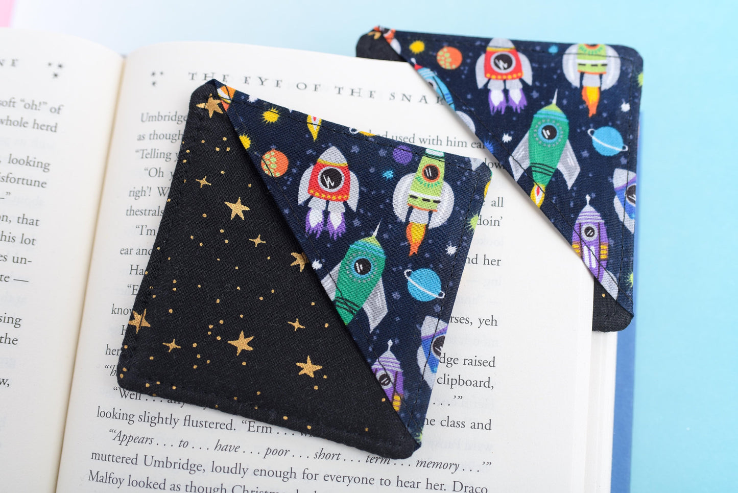 Rocket with Black & Gold Stars Fabric Corner Bookmark