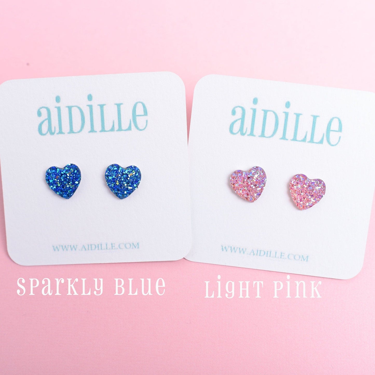 Sparkly Druzy 12mm Heart Earrings in Rainbow Colors with Titanium Posts