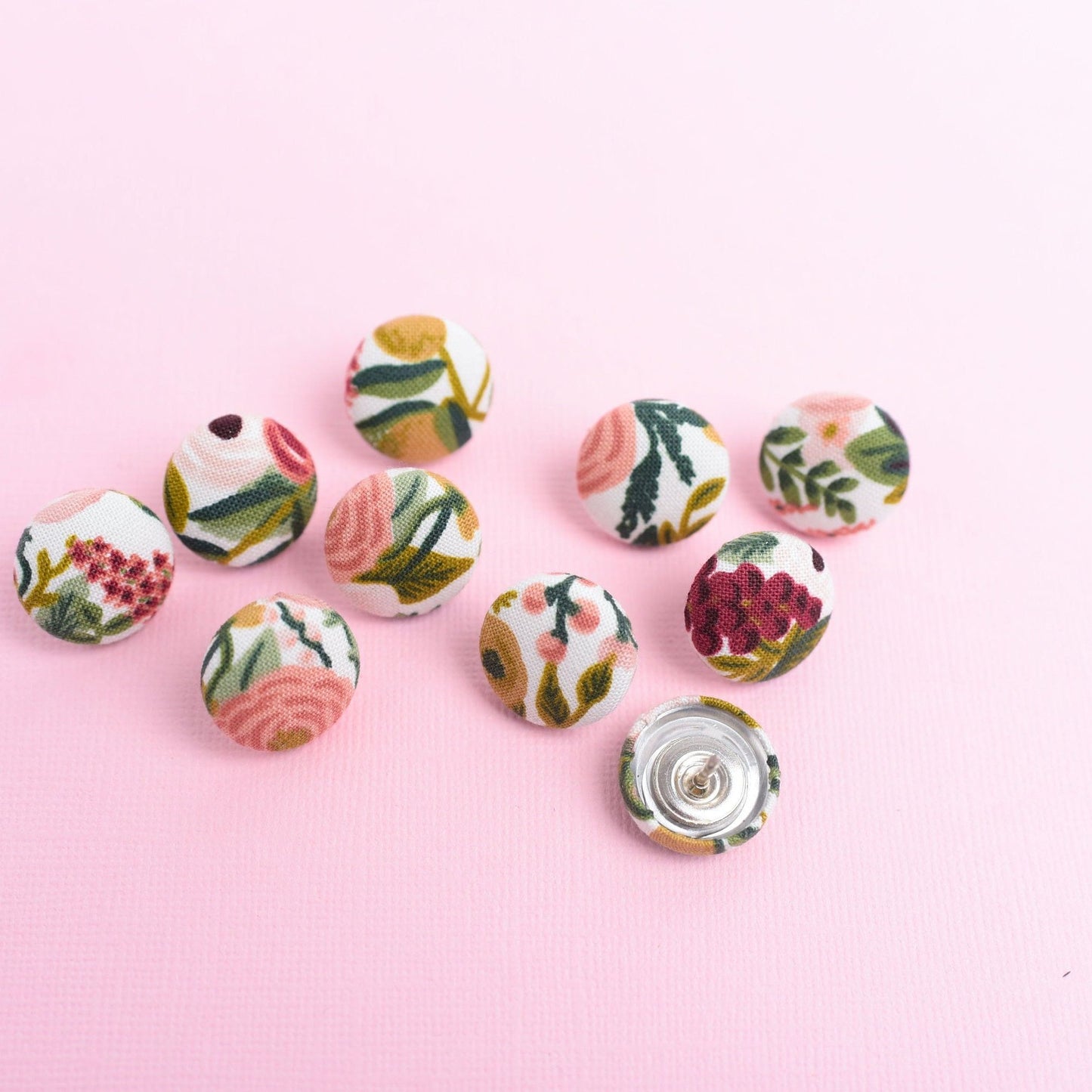 Pink Wildwood Fabric Button Push Pins, Rifle Paper Floral Print, Set of 10 Decorative Corkboard Thumb Tacks
