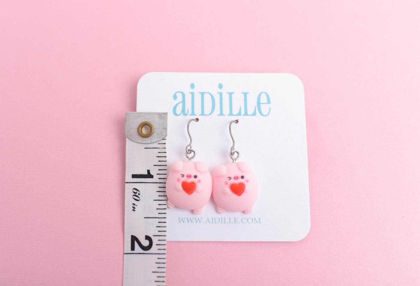 Pink Pig with Heart Earrings with Titanium Ear Wires