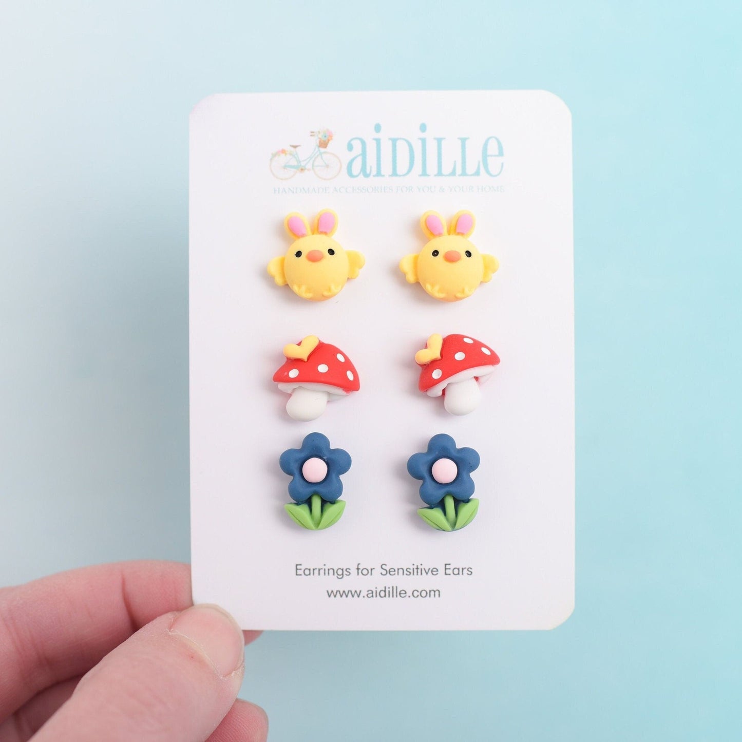 Spring Chick, Mushroom, and Flower Earring Trio with Titanium Posts
