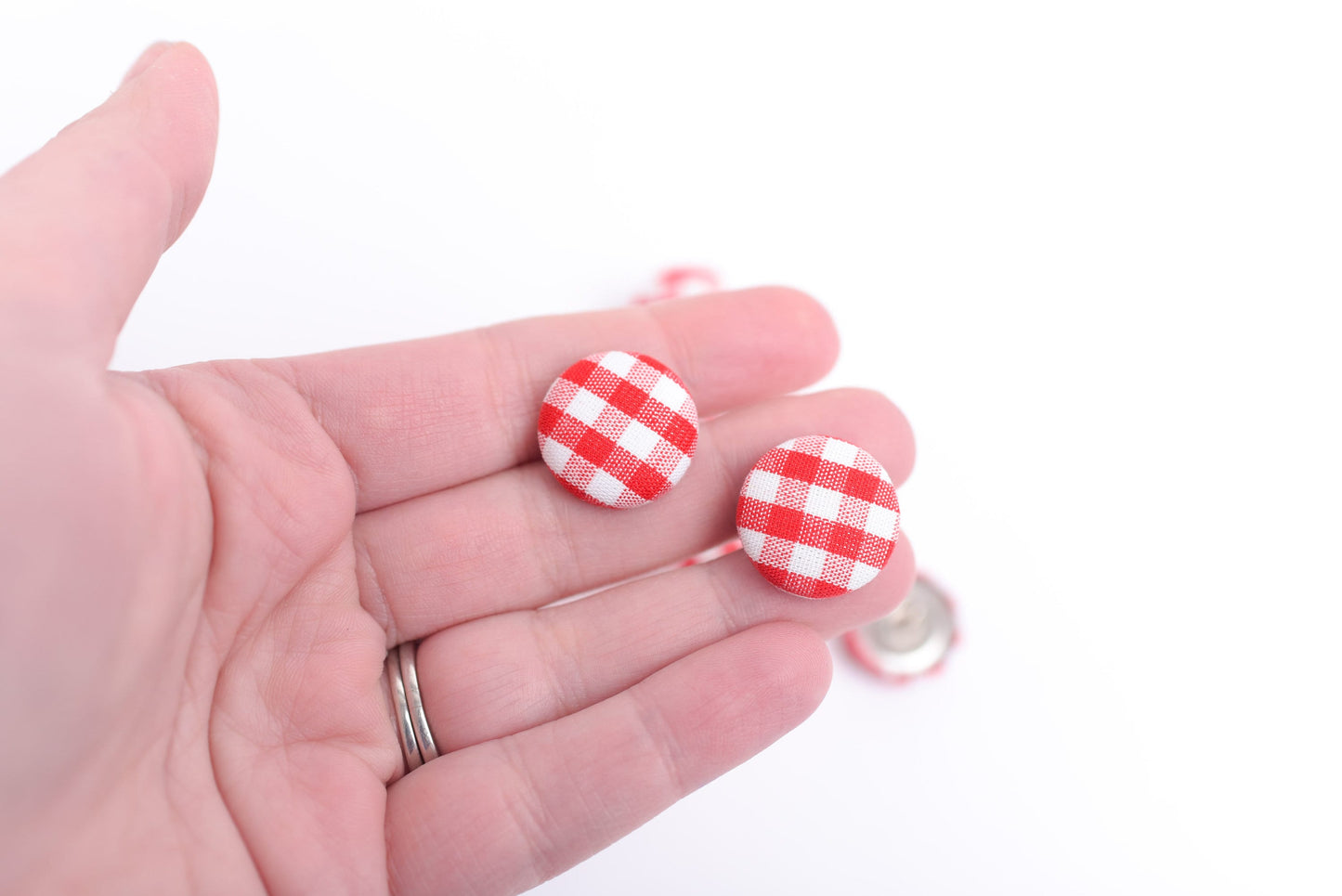 Red Gingham Fabric Button Push Pins- Set of 10