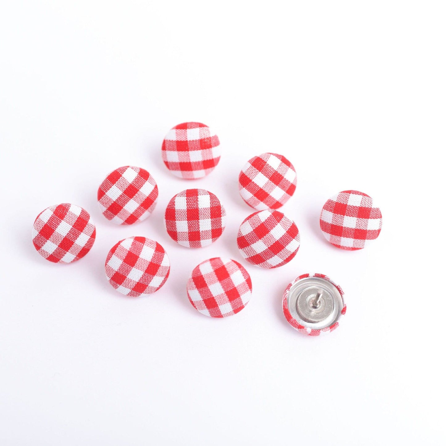 Red Gingham Fabric Button Push Pins- Set of 10