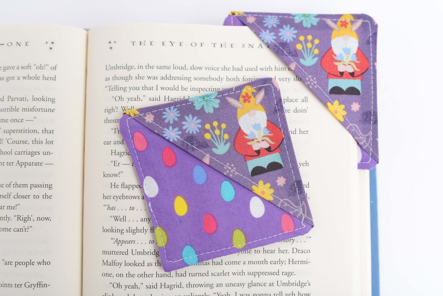 Purple Gnome & Easter Egg Handmade Fabric Corner Bookmark