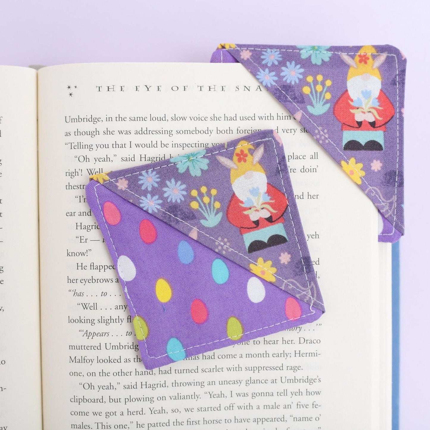 Purple Gnome & Easter Egg Handmade Fabric Corner Bookmark