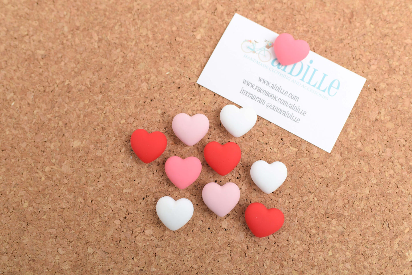 Puffy Heart Push Pins in Pink, Red, and White- Set of 10