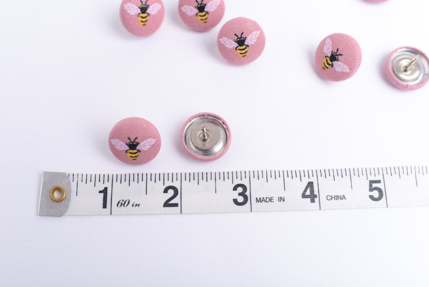 Pink Honey Bee Fabric Button Push Pins- Set of 10