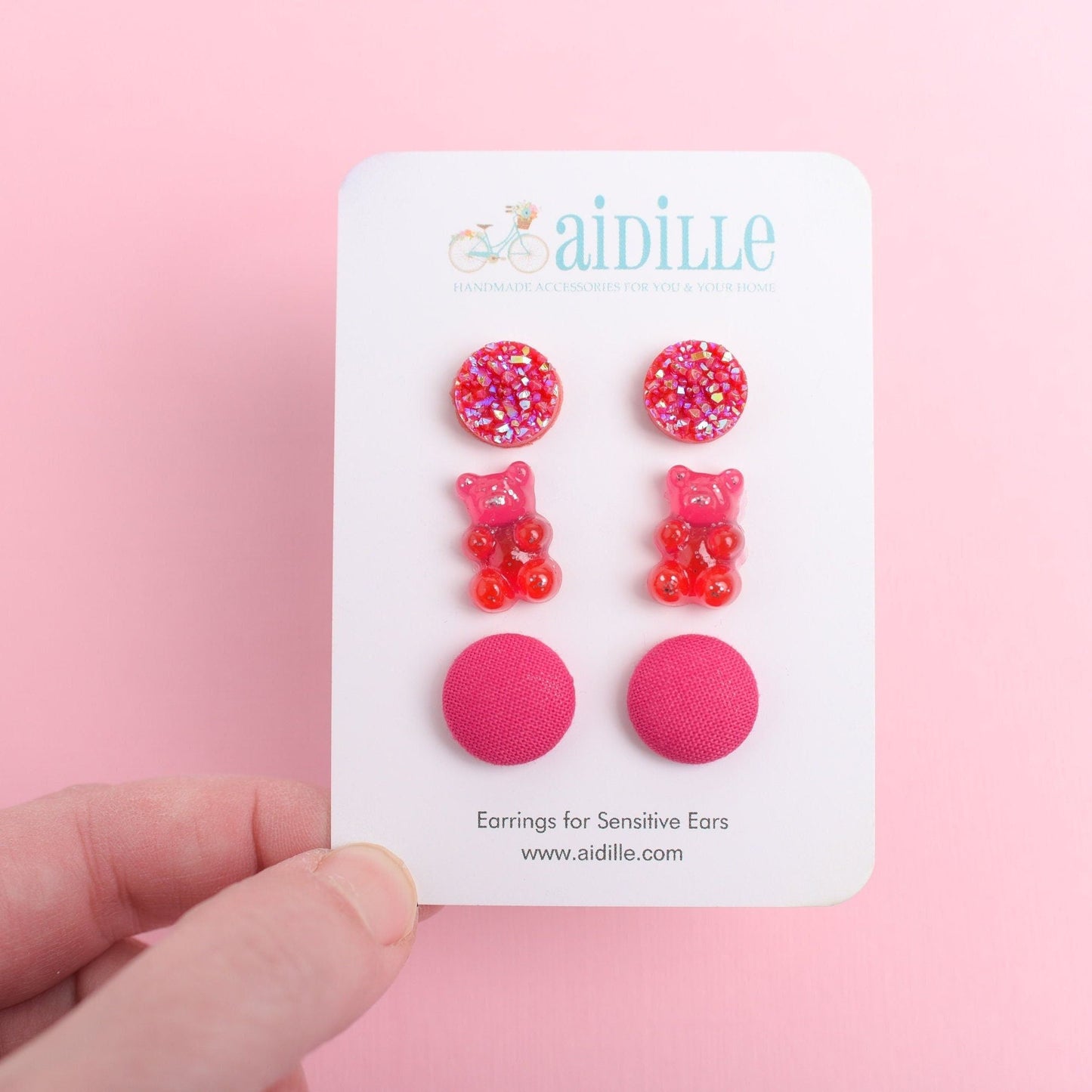 Hot Pink Gummy Bear Earring Trio with Titanium Posts