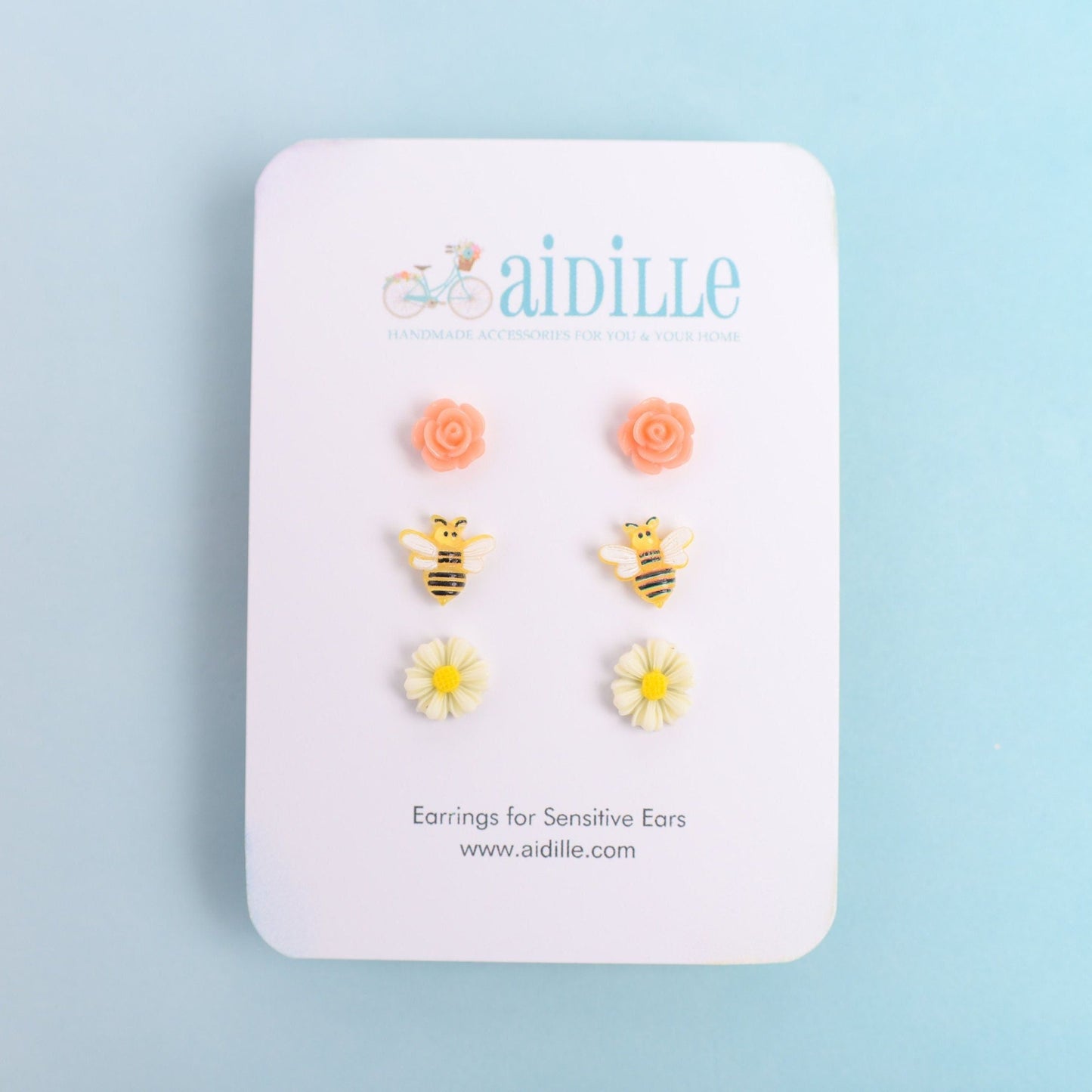 Mini Bee and Flower Earring Trio with Titanium Posts