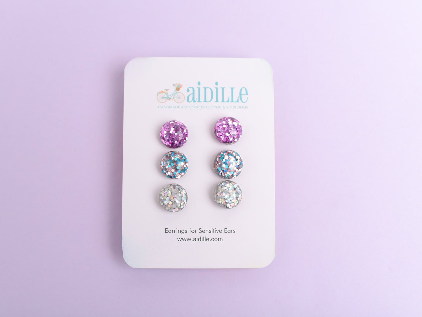 Silver & Purple Confetti Glitter Earring Trio with Titanium Posts