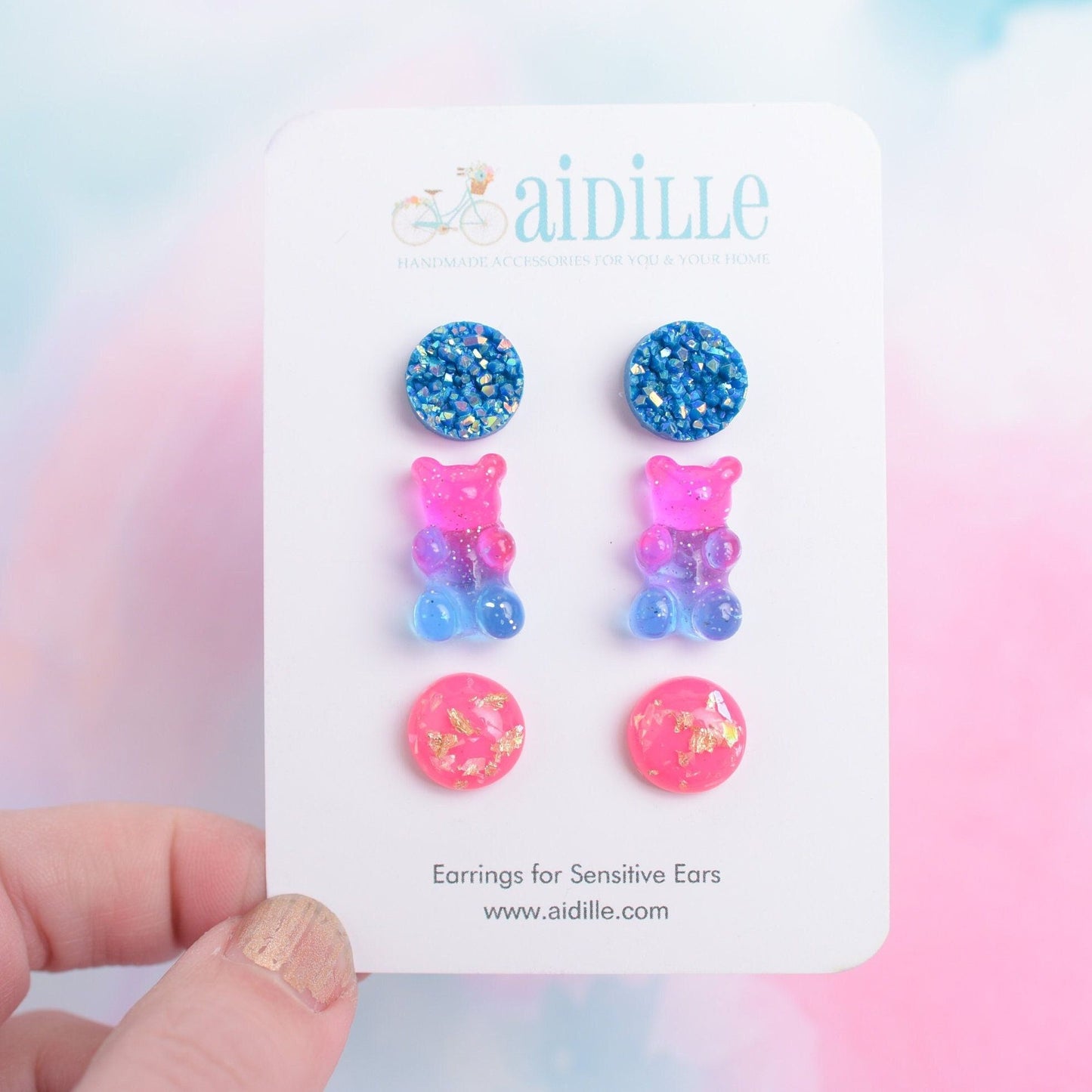 Pink and Blue Gummy Bear Druzy Earring Trio with Titanium Posts