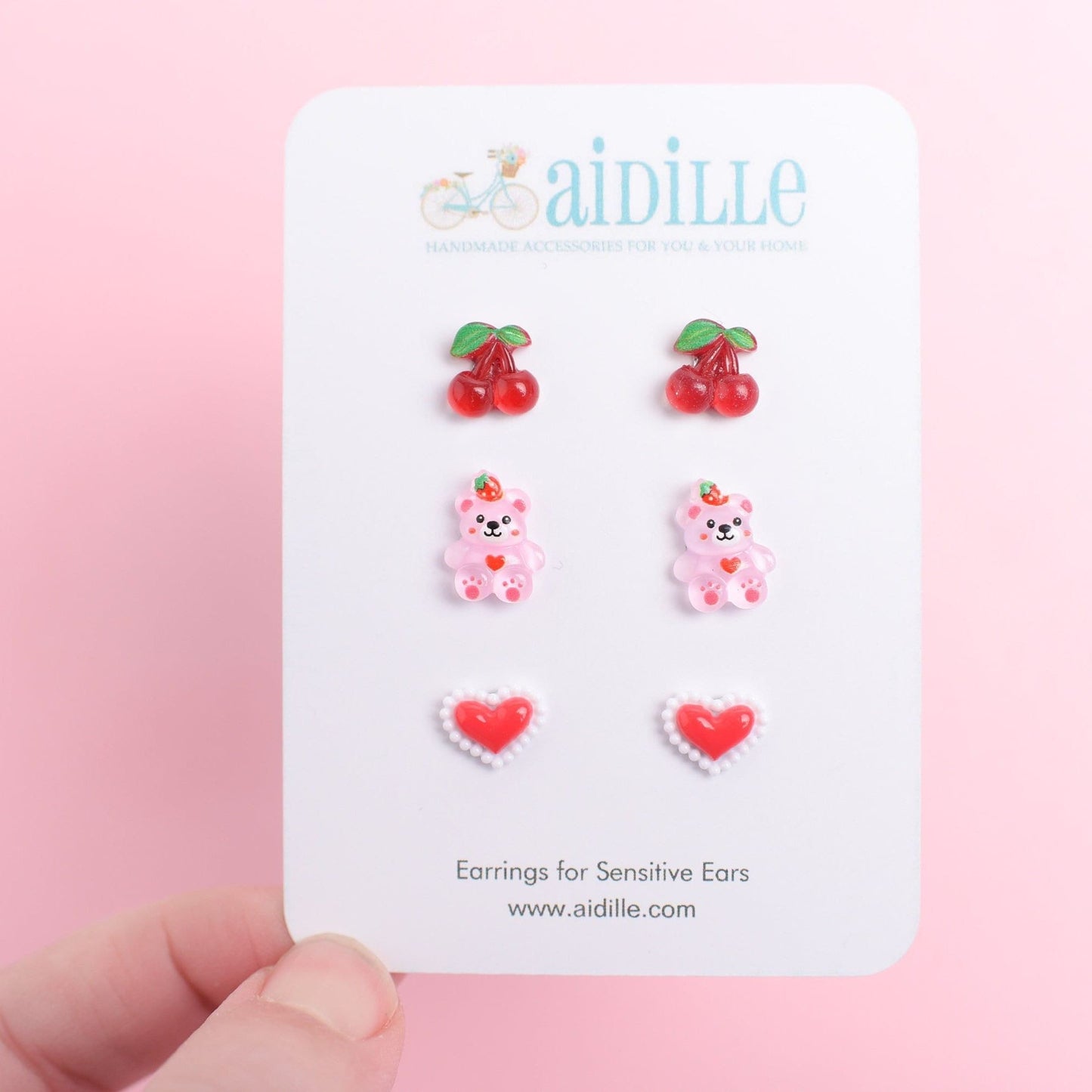 Pink and Red Cherry Bear Heart Earring Trio with Titanium Posts