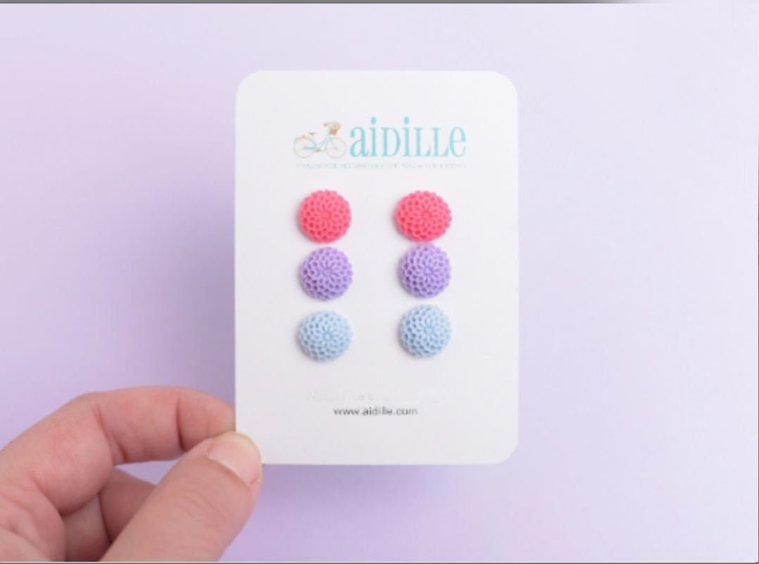Dahlia Earring Trio with Titanium Posts- Lilac, Hot Pink, Blue
