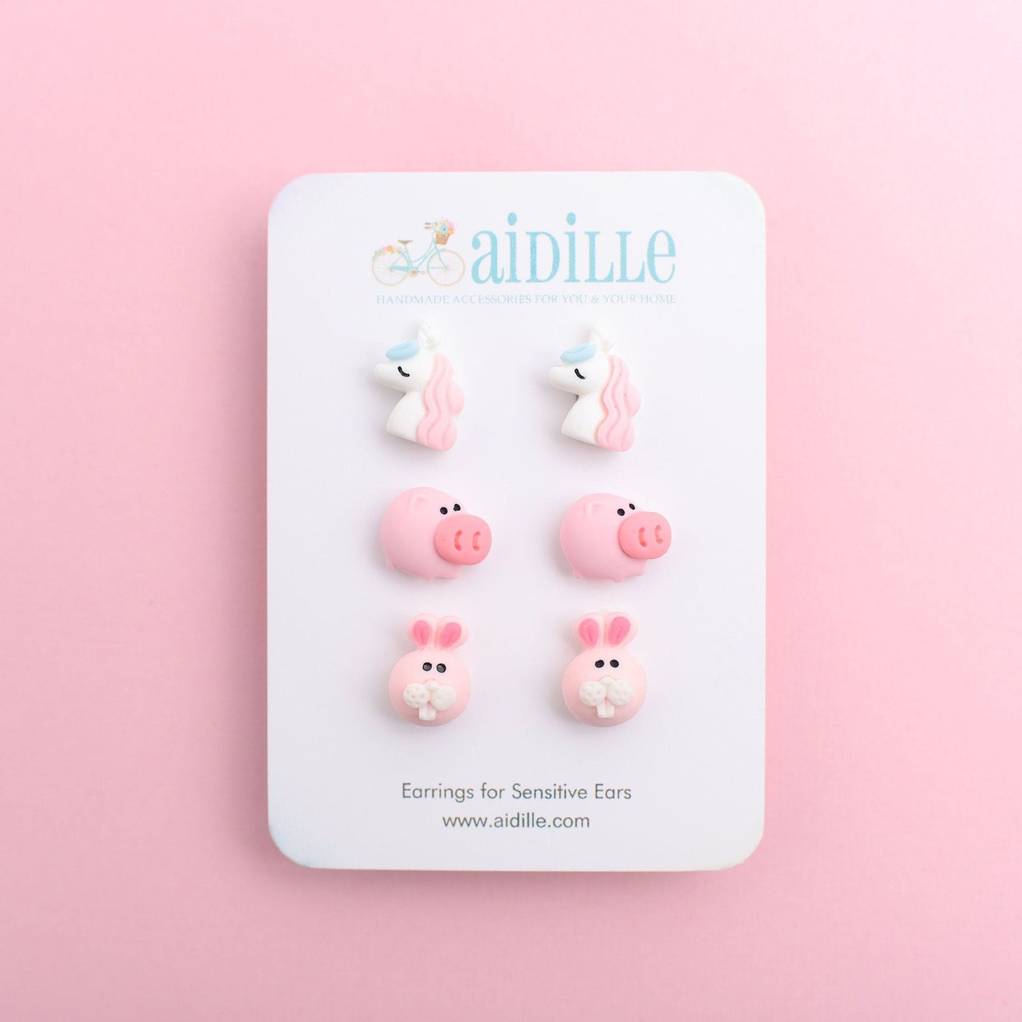 Pink Pig, Unicorn, and Bunny Animal Earring Trio with Titanium Posts