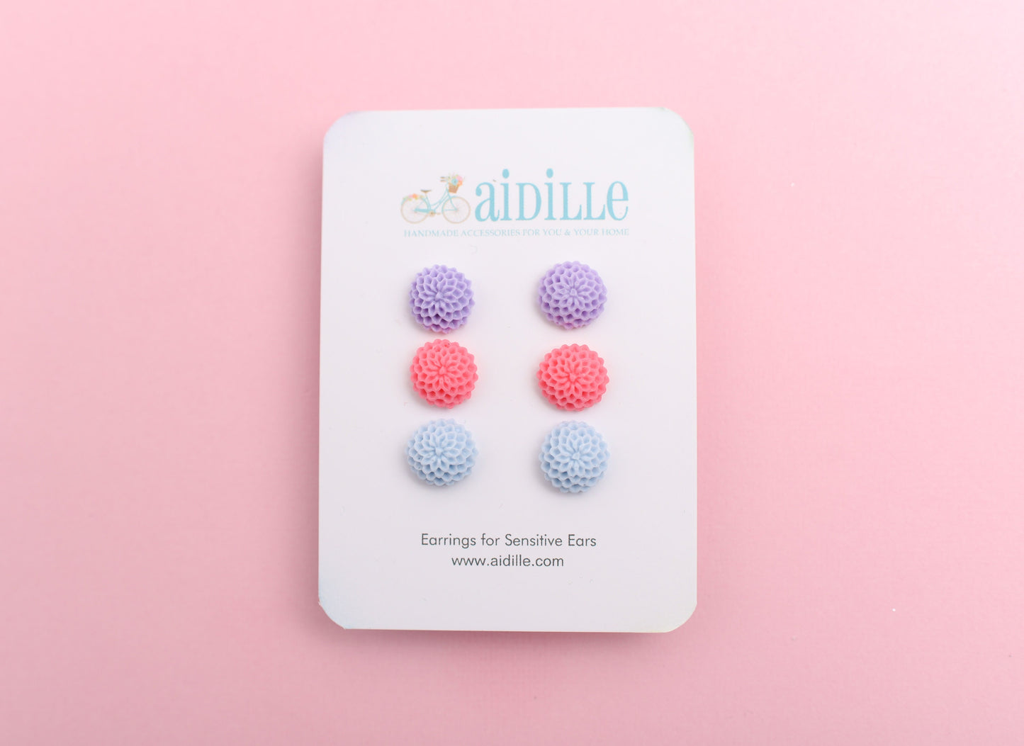 Dahlia Earring Trio with Titanium Posts- Lilac, Hot Pink, Blue