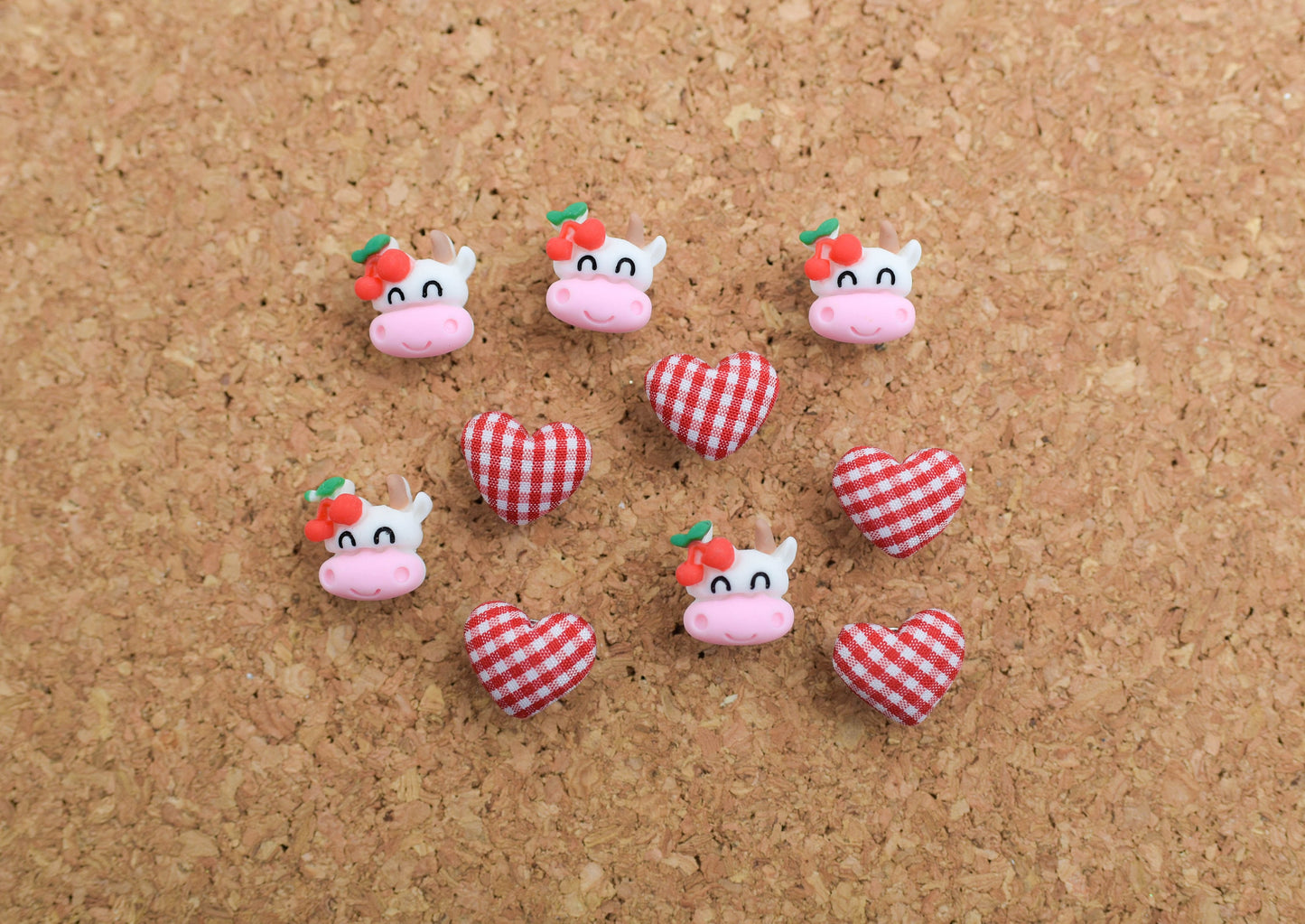 Country Cow & Heart Push Pins- Set of 10