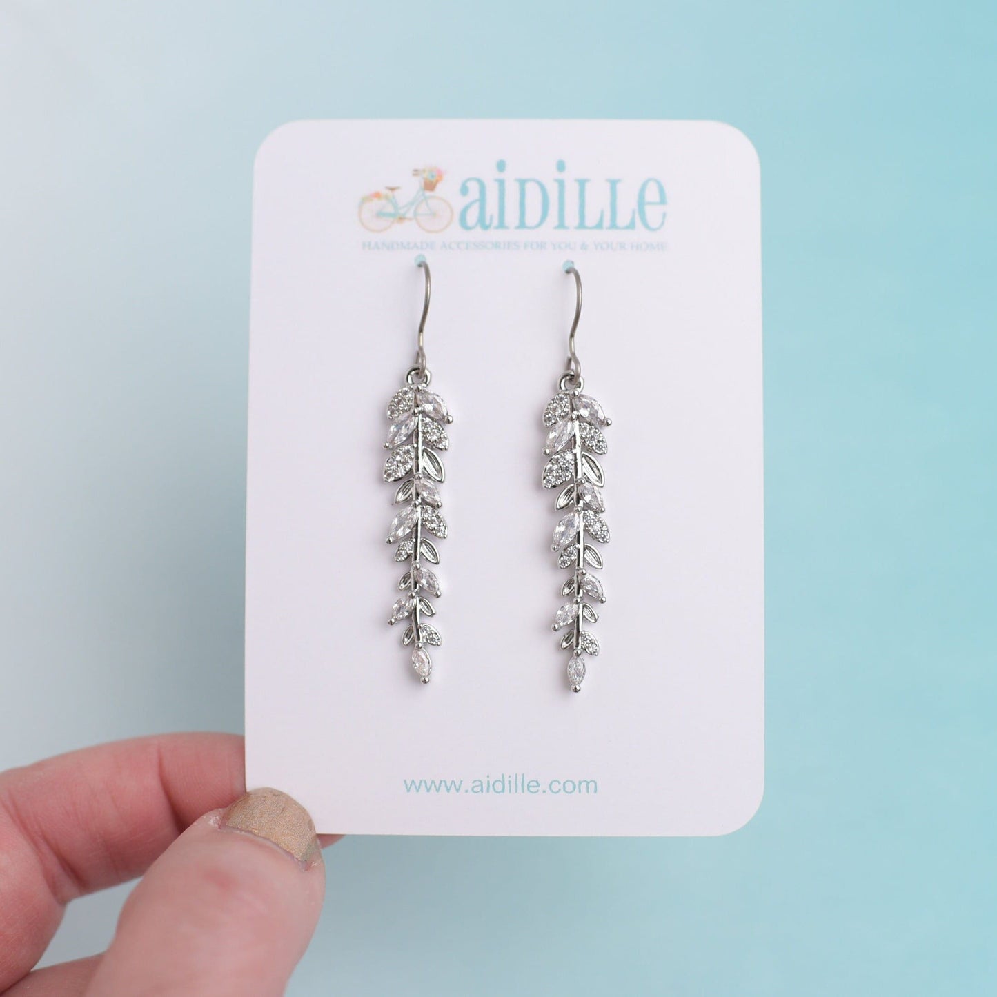 Long Sparkly Pave Leaf Silver Dangles with Titanium Ear Wires