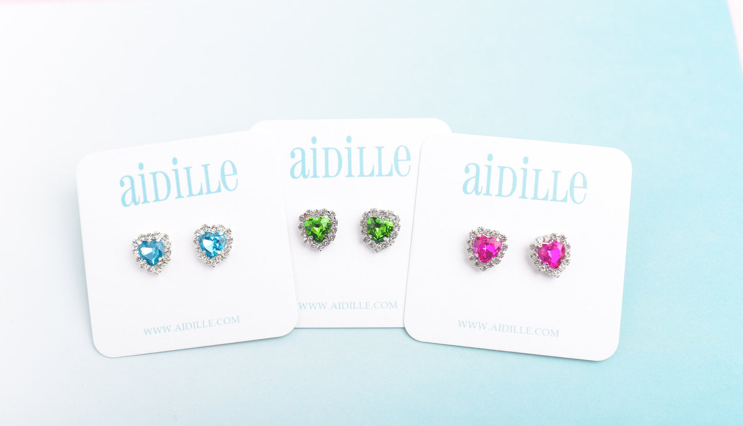 Sparkly Rhinestone Heart Earrings with Titanium Posts- Choose Pink Blue or Green