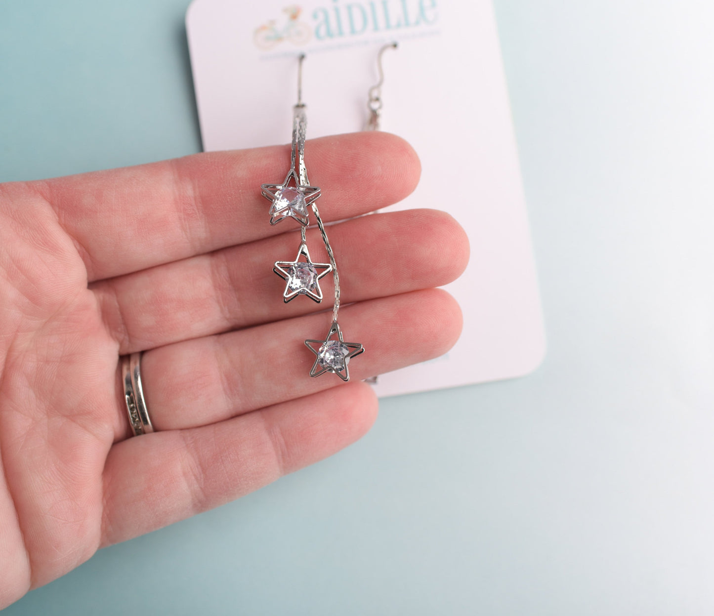 Long Silver Star Cubic Zirconia Dangle Earrings with Titanium Ear Wires