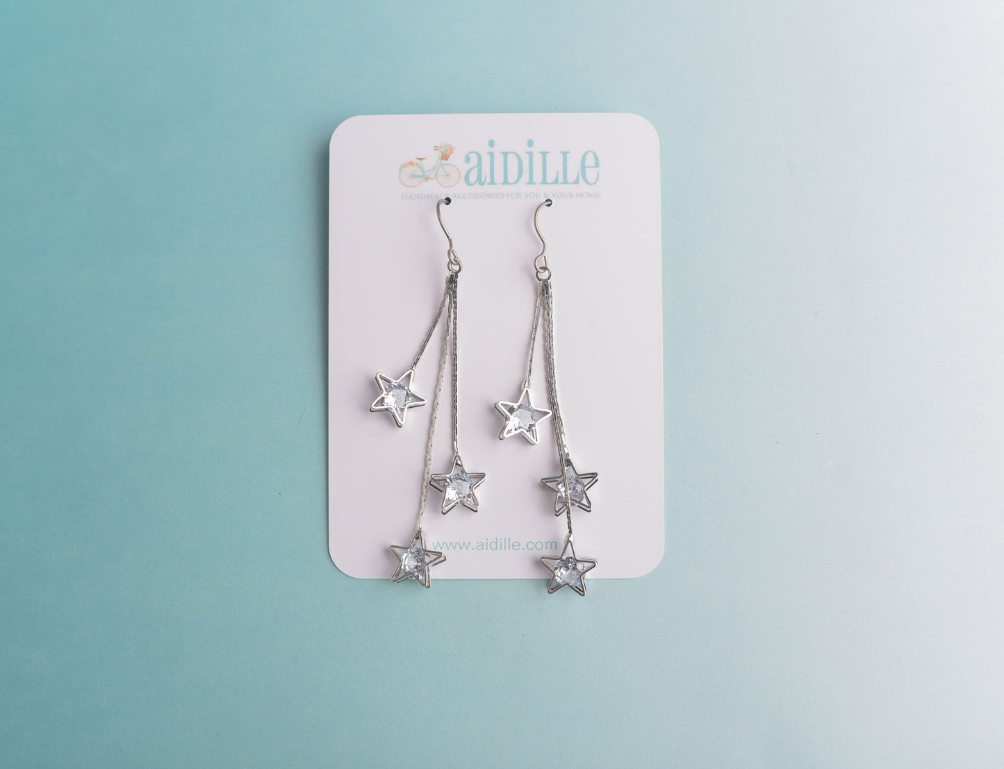 Long Silver Star Cubic Zirconia Dangle Earrings with Titanium Ear Wires