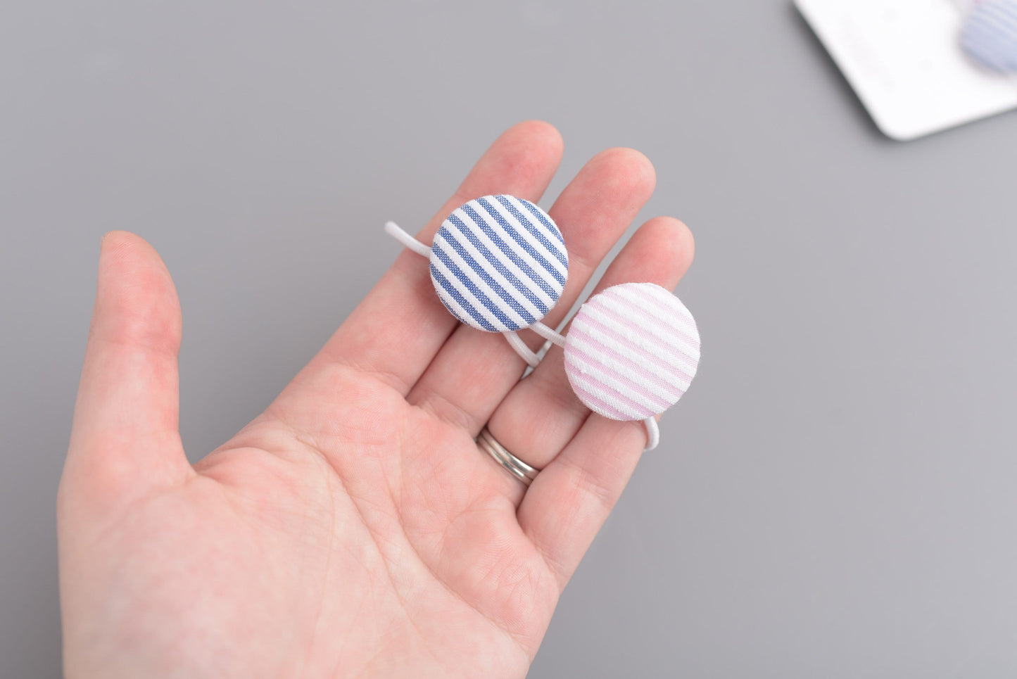 Pink and Blue Seersucker Button Hair Elastic- Set of 4