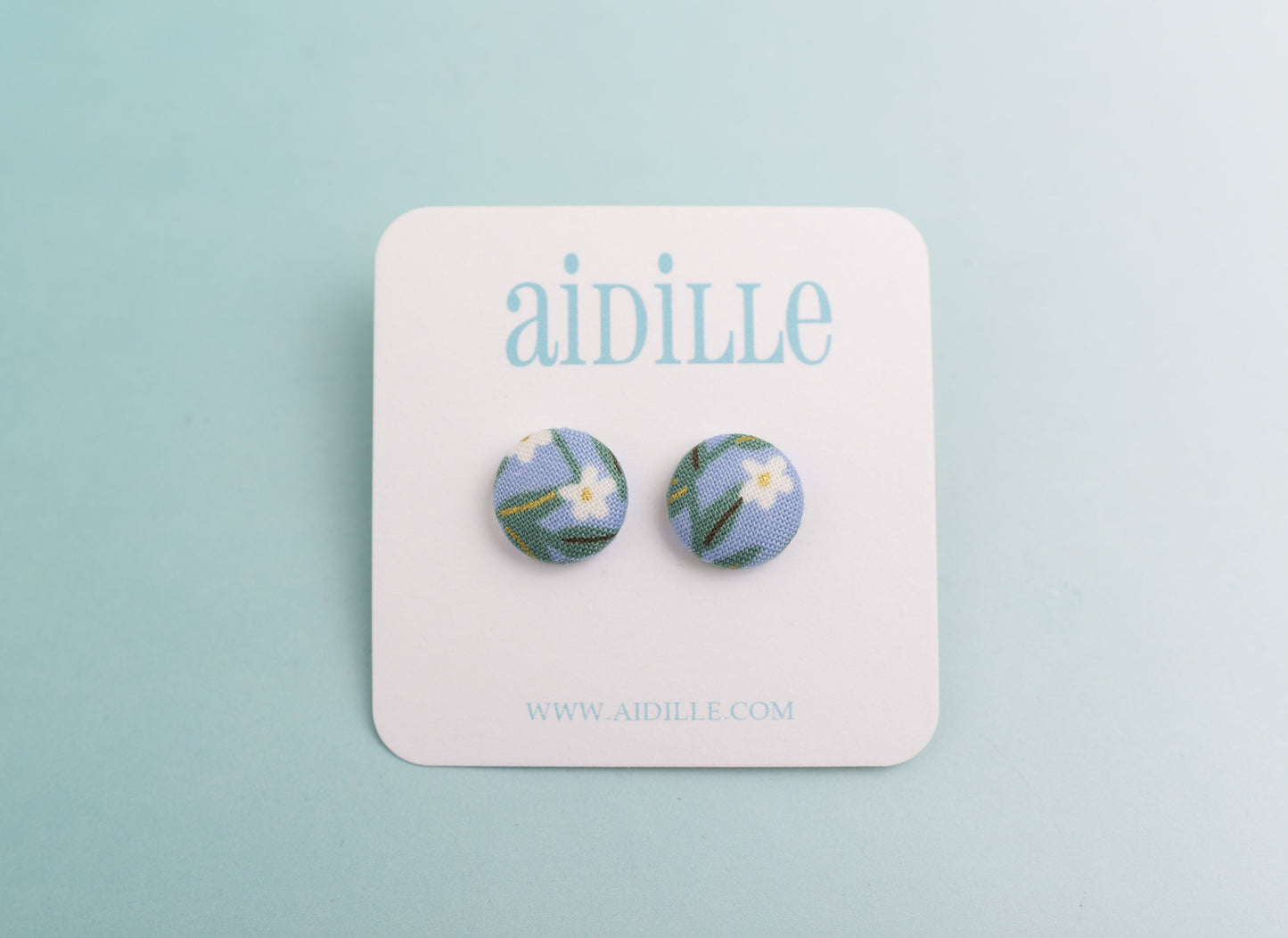 Blue Gold White Floral Fabric Button Earrings with Titanium Posts