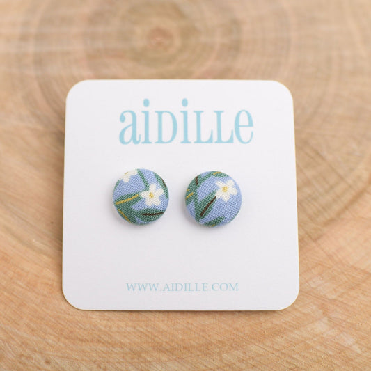 Blue Gold White Floral Fabric Button Earrings with Titanium Posts