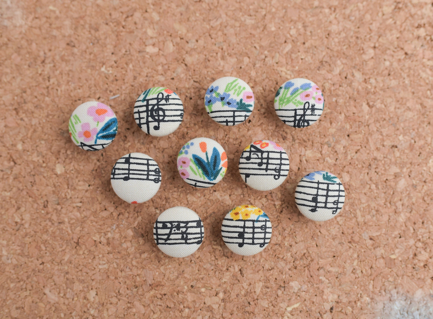 Musical Note Floral Fabric Button Push Pins- Set of 10