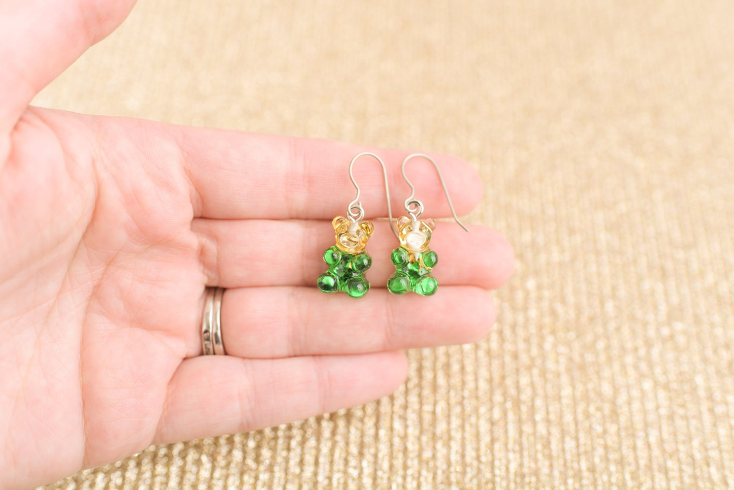 Green and Gold Gummy Bear Dangle Earrings with Titanium Ear Wires