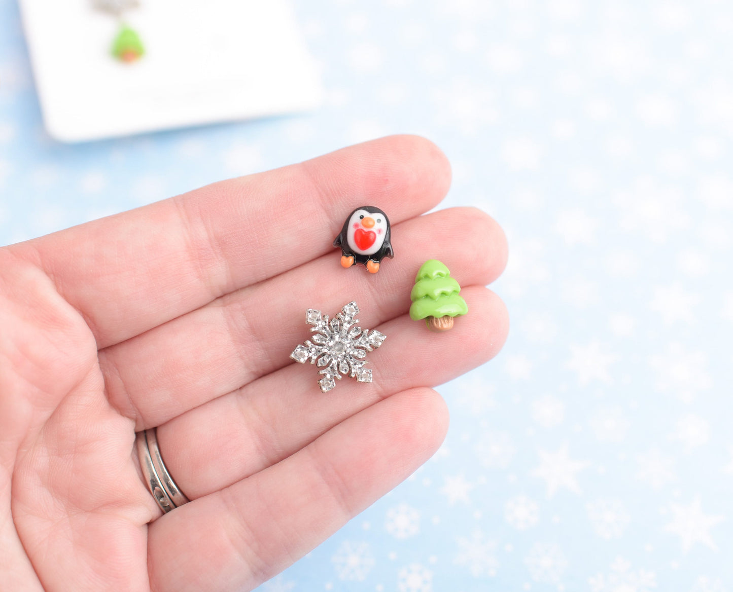 Winter Holiday Earring Trio with Titanum Posts- Penguin Heart, Snowflake, and Pine Tree
