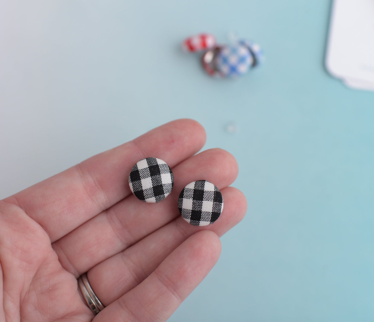 Gingham Fabric Button Earrings with Titanium Posts- Choose Black Red or Blue Plaid