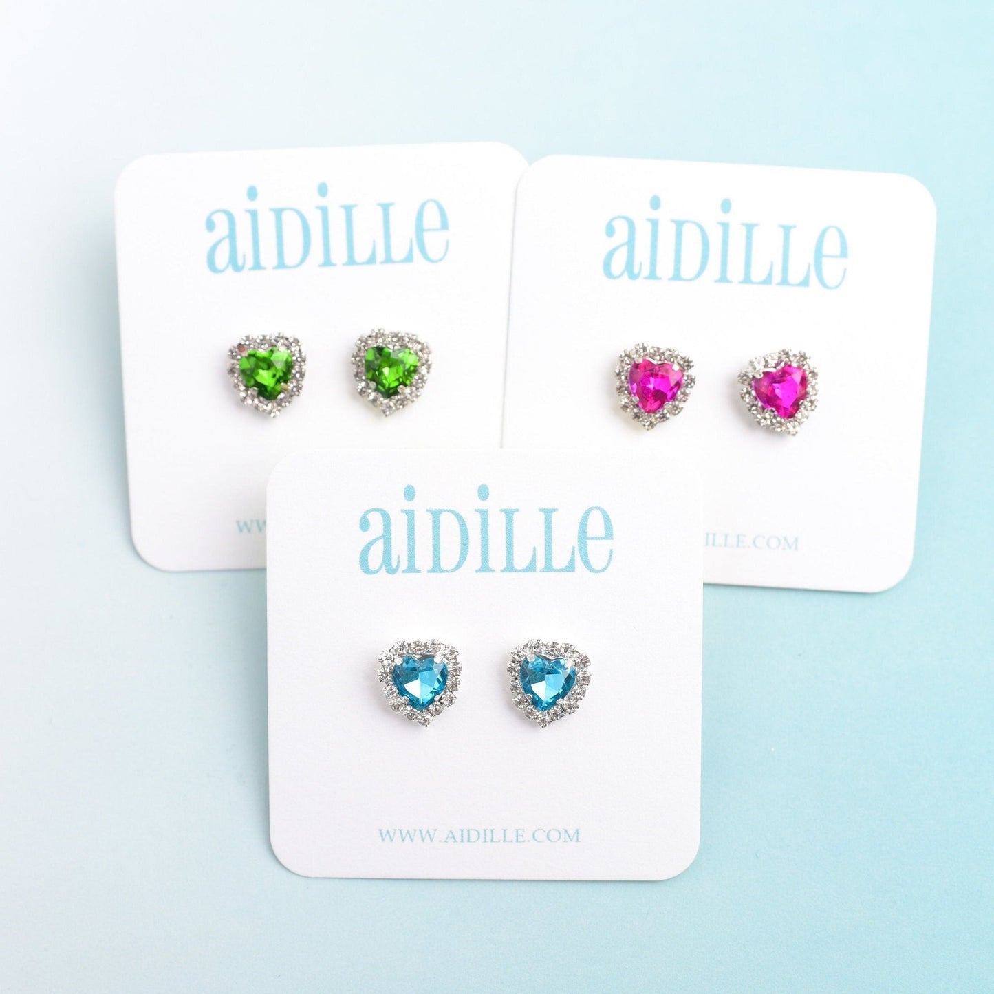 Sparkly Rhinestone Heart Earrings with Titanium Posts- Choose Pink Blue or Green