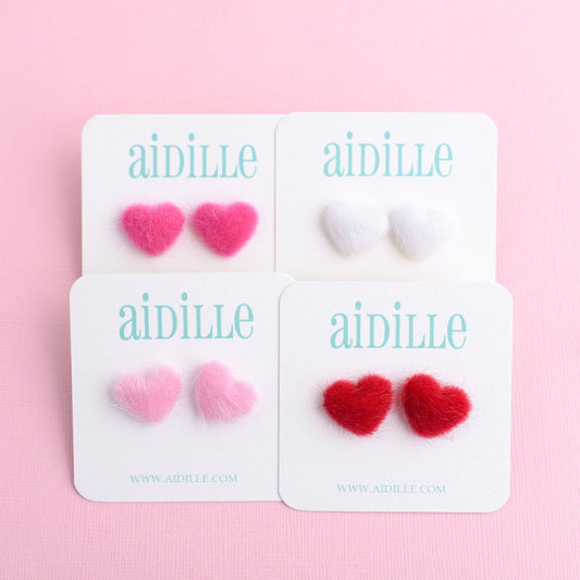 Fuzzy Heart Earrings in Studs or Clip Ons- Choose Your Color