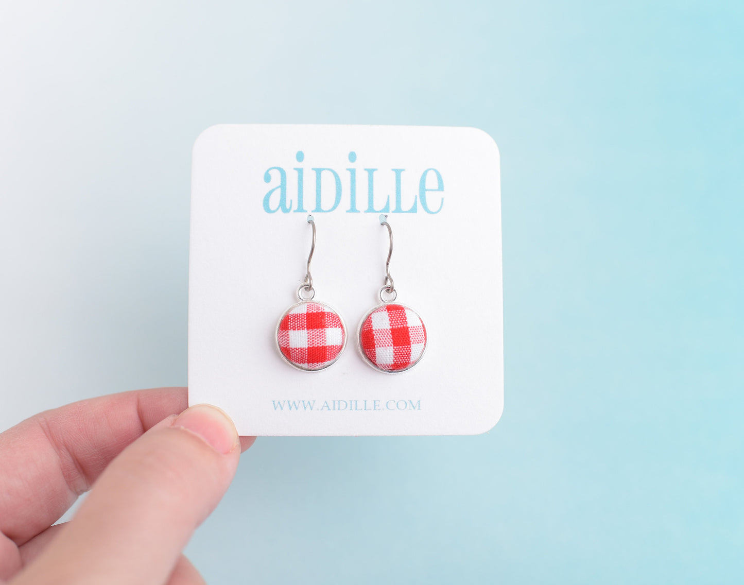 Gingham Fabric Button Drop Earrings with Titanium Ear Wires- Red or Black