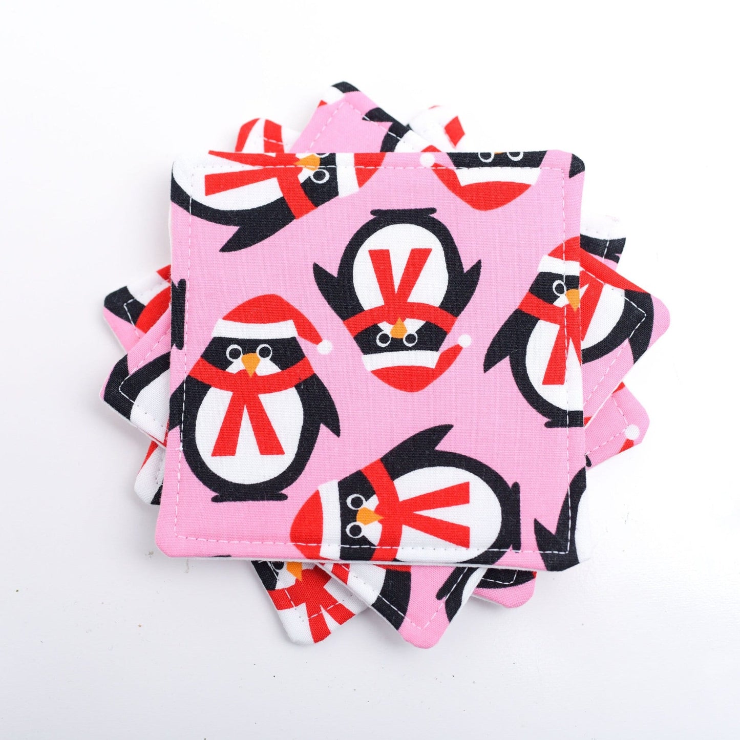 Pink Penguin Fabric Coasters- Set of 4