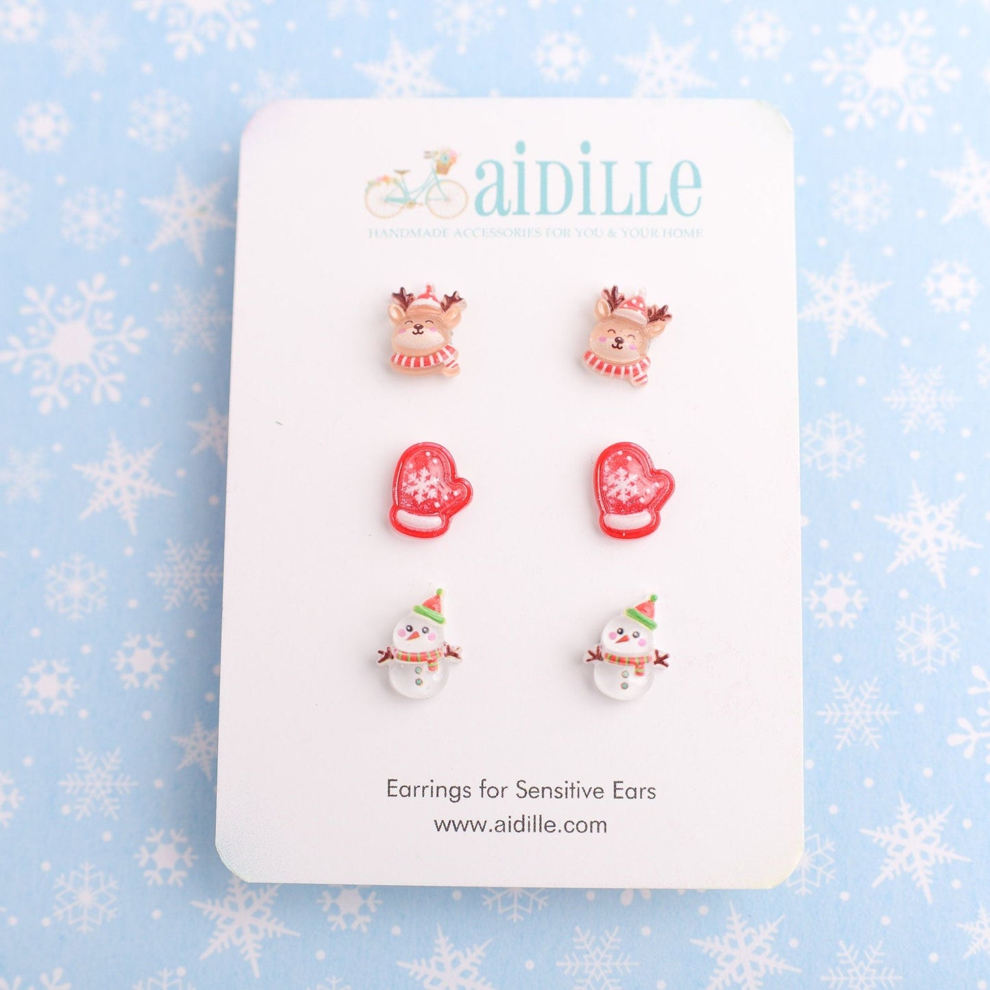 Reindeer, Mitten, and Snowman Earring Trio with Titanium Posts